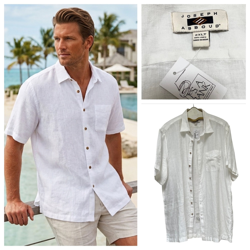 Joseph Abboud Men 2XLT White Linen Short Sleeve Button Up Shirt Big & Tall Boxy - Picture 1 of 16